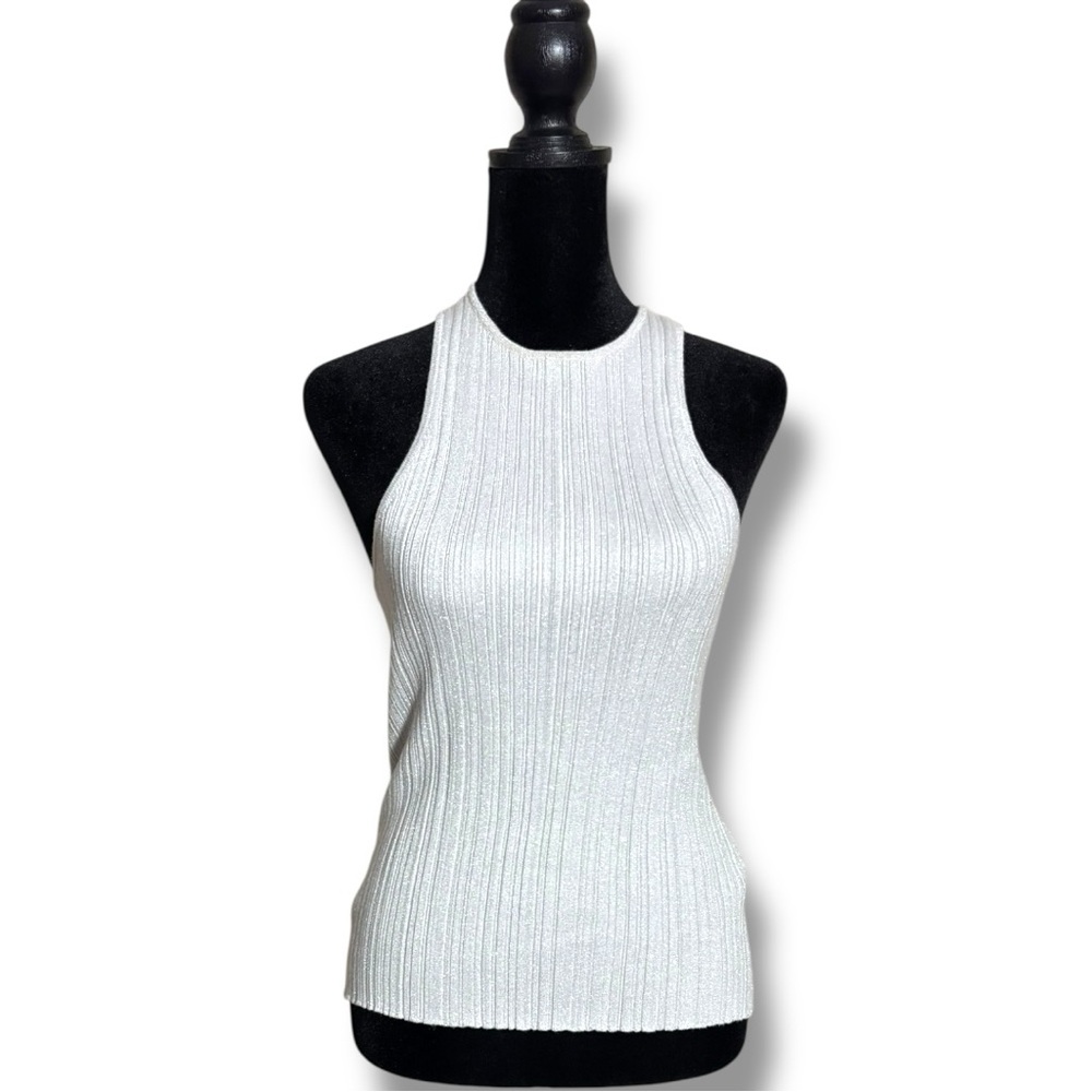 Madewell Blue/Silver Shiny Fitted Sleeveless Ribbed High Neck Racerback Tank Top - Picture 4 of 16